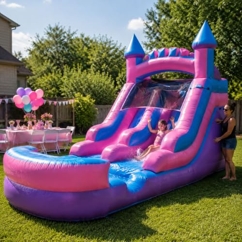 Crossover Inflatable Water Slide for Kids with Blower, 21 x 9 x 12 Foot Backyard Waterslide, Pink Castle Slide with Splash Pool for Outdoor Summer Fun with Stakes and Storage Bag - 12 Feet Tall